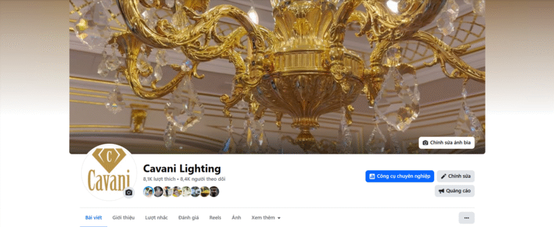 Giao diện fanpage chính thức của Cavani Lighting - Cavani.vn
